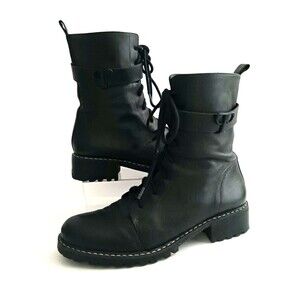 Paula Torres Blk Nappa Leather Handmade Combat Boots Lace Up Zipper US 10 EU 41